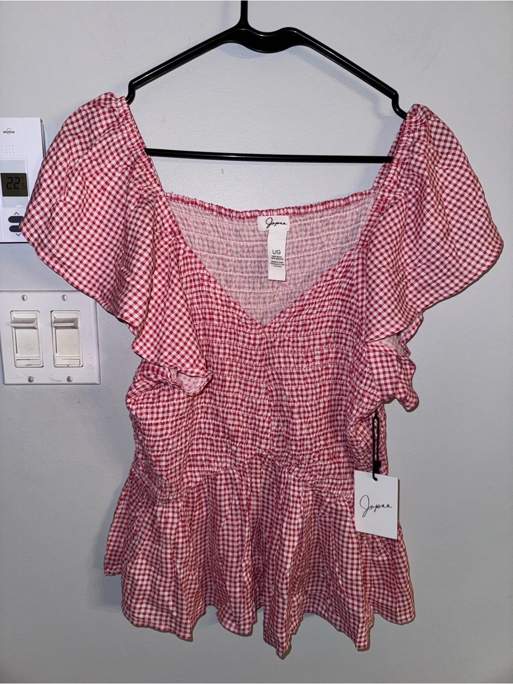 Japna Red Gingham Smocked Peplum Tunic NWT